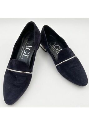AGL Navy Suede Italian Loafers Silver Bar 37.5